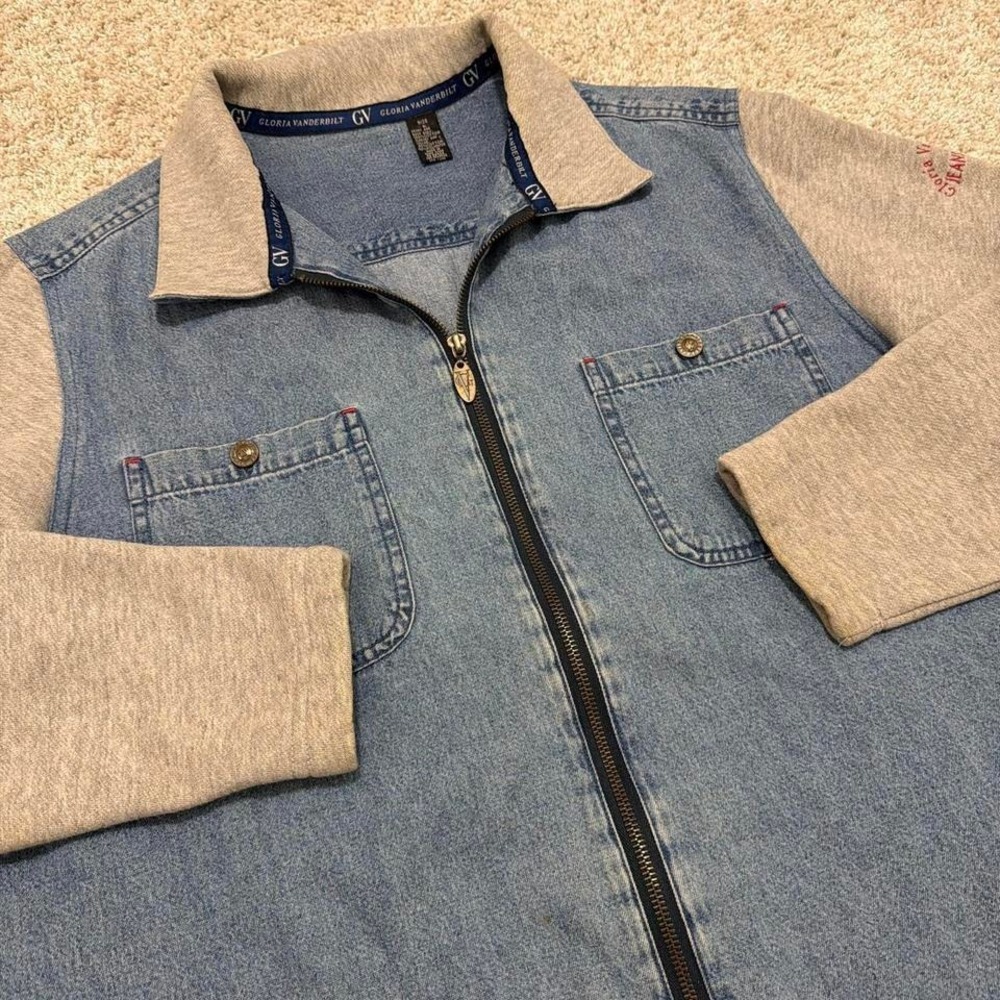Rare 90s Vintage Gloria Vanderbilt Denim Zip Shirt Jacket | Mixed Fabric | Large